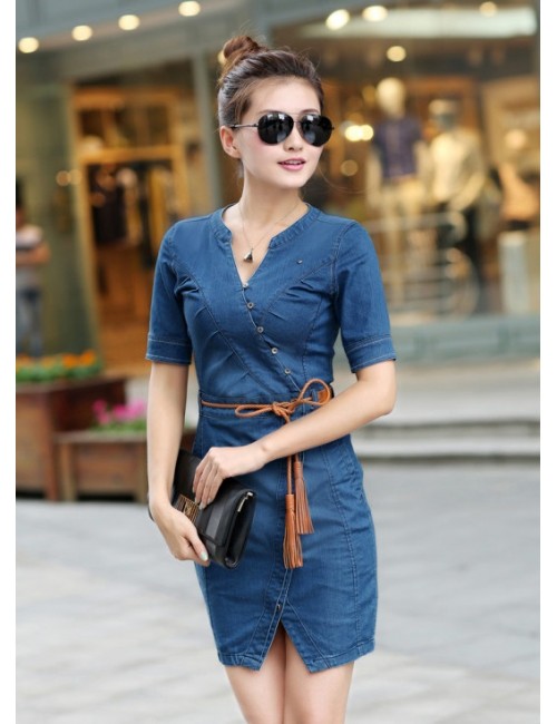 Đầm Jean Xếp Ly Ngực Xẻ Tà Lai - D785