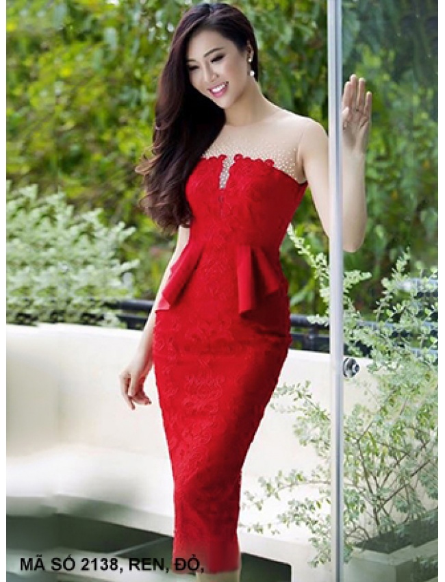 Đầm Ren Cúp Ngực Phối Lưới Đính Cườm - 2138