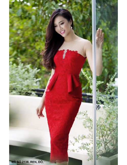 Đầm Ren Cúp Ngực Phối Lưới Đính Cườm - 2138