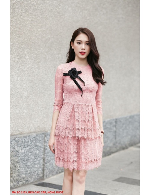 Đầm Ren 2 Tầng Tay Lở Đính Hoa Hồng - 2153