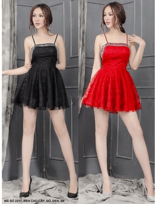 Đầm 2 Dây Xòe Kết Xoàn Ngực - 2217