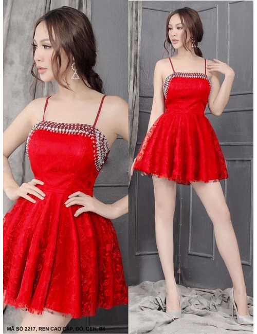 Đầm 2 Dây Xòe Kết Xoàn Ngực - 2217