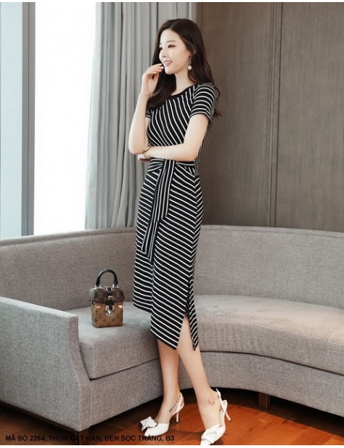 Đầm Sọc Lai Nhọn Thắt Nơ Eo - 2264