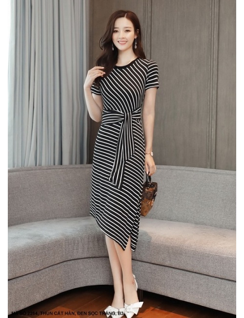 Đầm Sọc Lai Nhọn Thắt Nơ Eo - 2264
