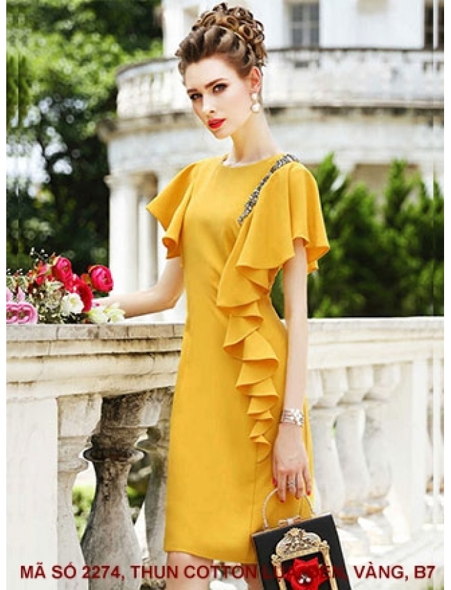 Đầm Dún Vai Đính Bèo Bên Hông - 2274