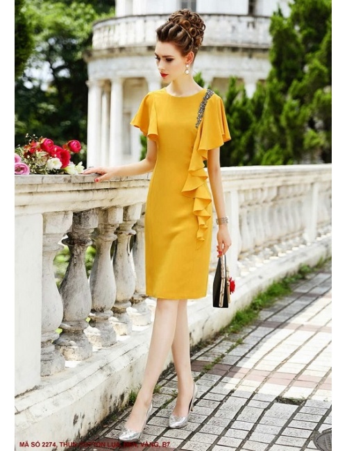 Đầm Dún Vai Đính Bèo Bên Hông - 2274