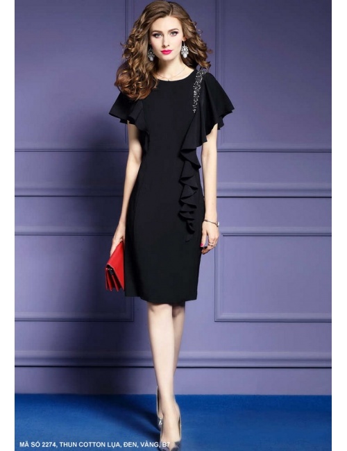 Đầm Dún Vai Đính Bèo Bên Hông - 2274