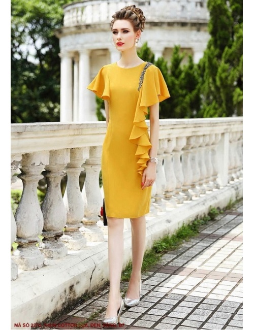 Đầm Dún Vai Đính Bèo Bên Hông - 2274
