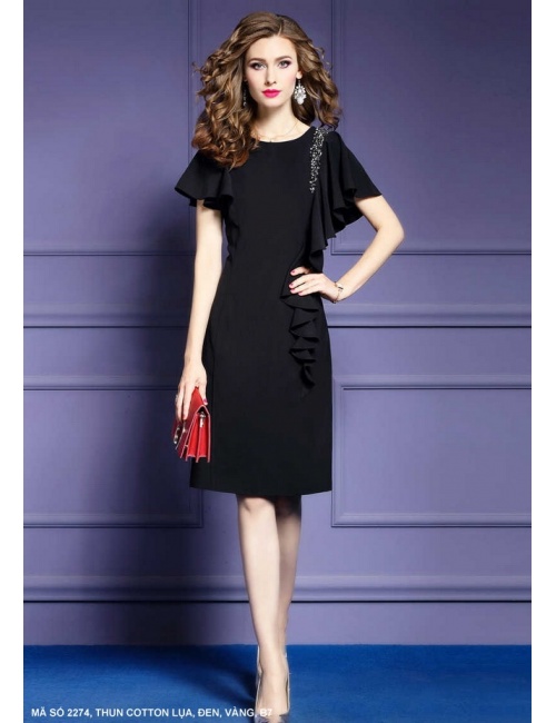 Đầm Dún Vai Đính Bèo Bên Hông - 2274