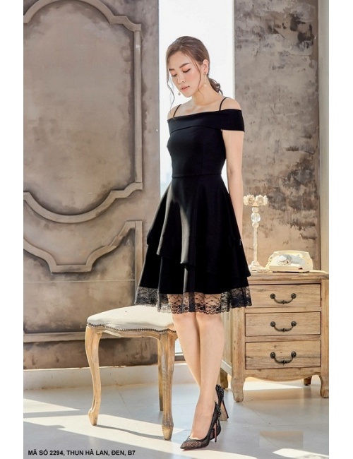 Đầm Vai Trễ Hai Dây Phối Ren Lai - 2294