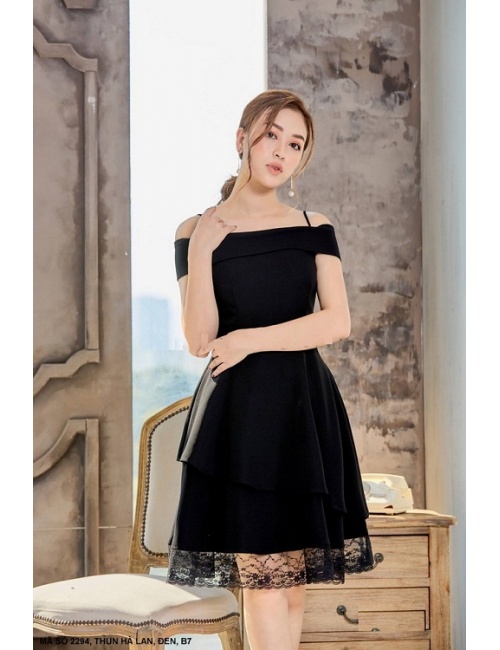 Đầm Vai Trễ Hai Dây Phối Ren Lai - 2294