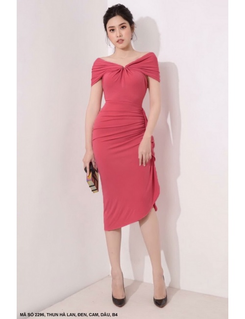 Đầm Lai Xéo Dún 1 Bên Eo Cổ Đính Khoen D - 2296