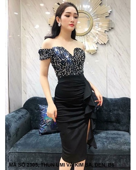 Đầm Ôm Trễ Vai Đính Kim Sa Váy Dún Bèo Bên Eo - 2305
