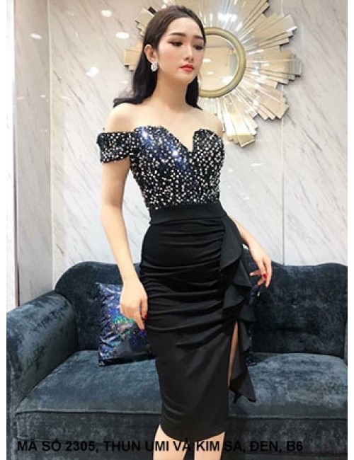 Đầm Ôm Trễ Vai Đính Kim Sa Váy Dún Bèo Bên Eo - 2305