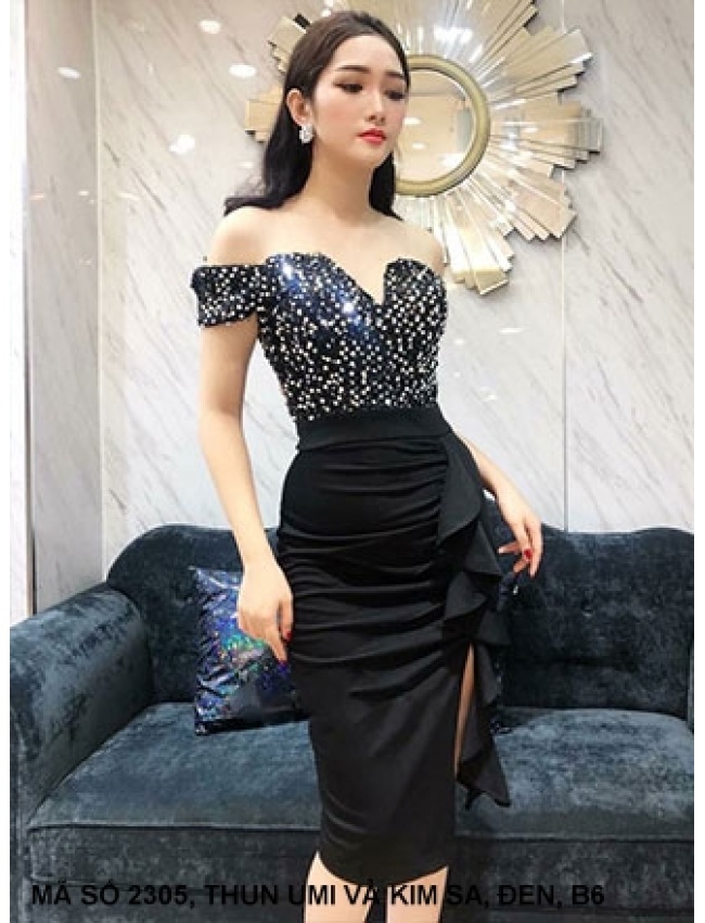 Đầm Ôm Trễ Vai Đính Kim Sa Váy Dún Bèo Bên Eo - 2305