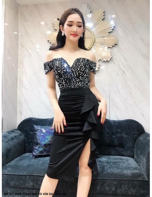 Đầm Ôm Trễ Vai Đính Kim Sa Váy Dún Bèo Bên Eo - 2305