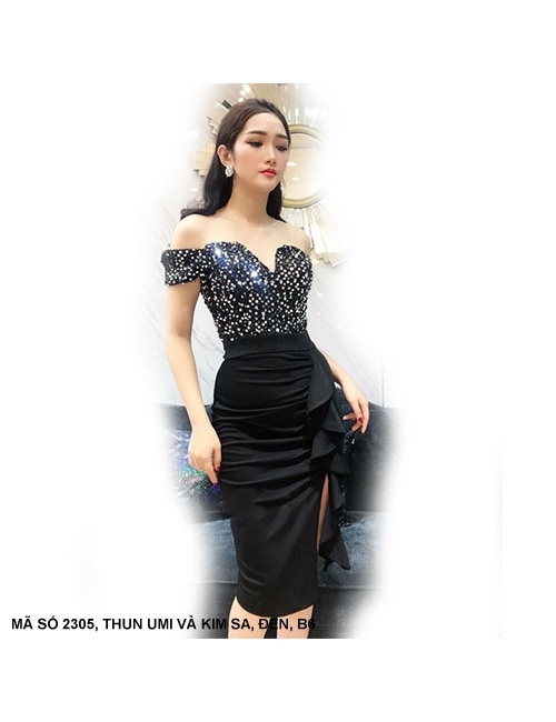 Đầm Ôm Trễ Vai Đính Kim Sa Váy Dún Bèo Bên Eo - 2305
