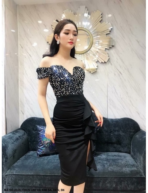 Đầm Ôm Trễ Vai Đính Kim Sa Váy Dún Bèo Bên Eo - 2305