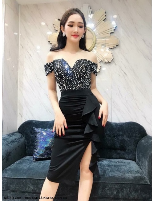 Đầm Ôm Trễ Vai Đính Kim Sa Váy Dún Bèo Bên Eo - 2305