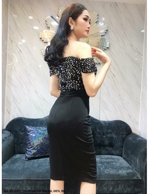 Đầm Ôm Trễ Vai Đính Kim Sa Váy Dún Bèo Bên Eo - 2305