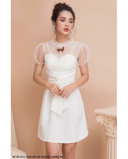 ĐẦM CÚP NGỰC TAY NGẮN PHỐI LƯỚI  - 2312