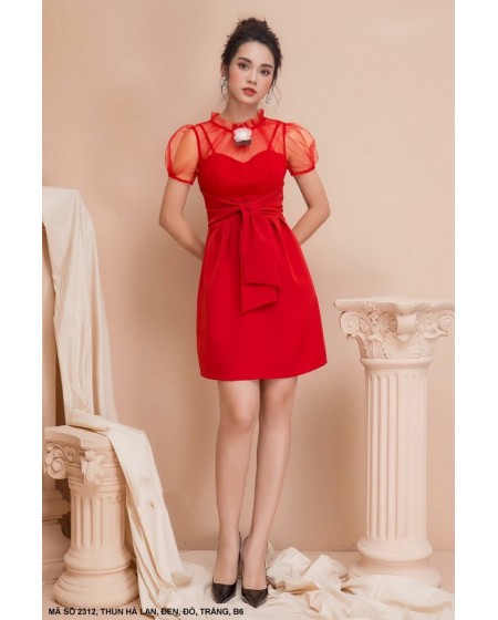 ĐẦM CÚP NGỰC TAY NGẮN PHỐI LƯỚI - 2312