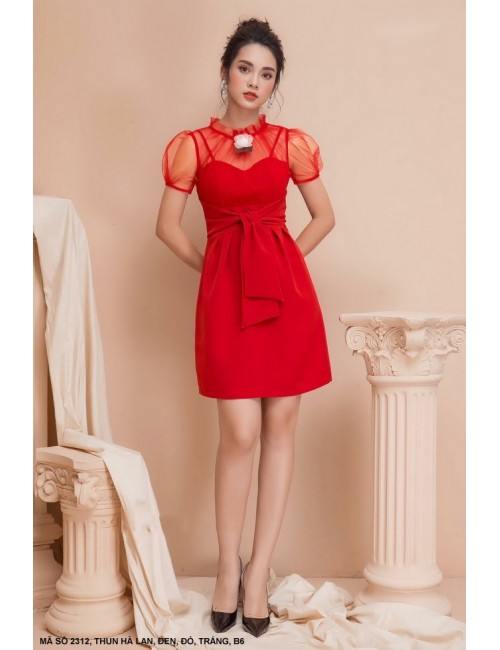 Đầm Cúp Ngực Tay Ngắn Phối Lưới - 2312