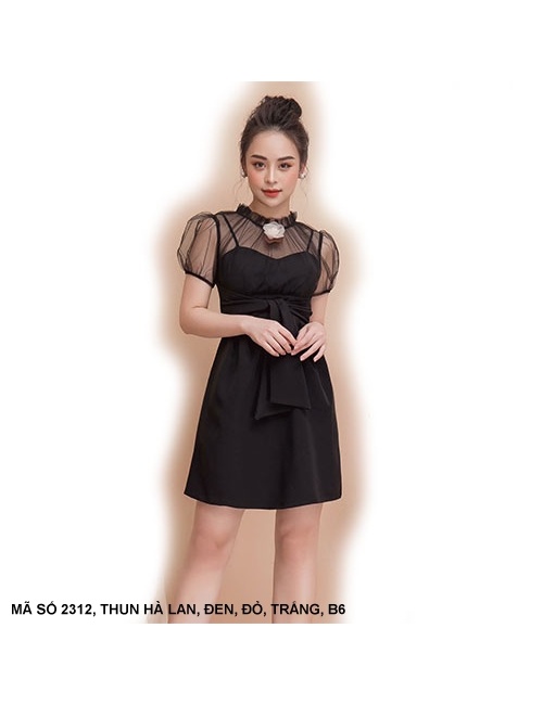 Đầm Cúp Ngực Tay Ngắn Phối Lưới - 2312