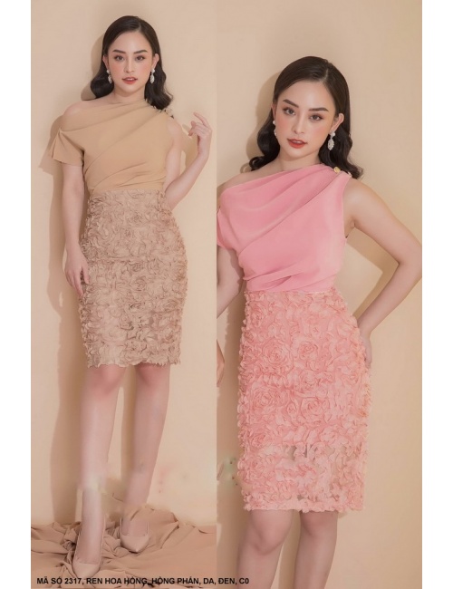 Đầm Ôm Cổ Xéo Phối Ren - 2317