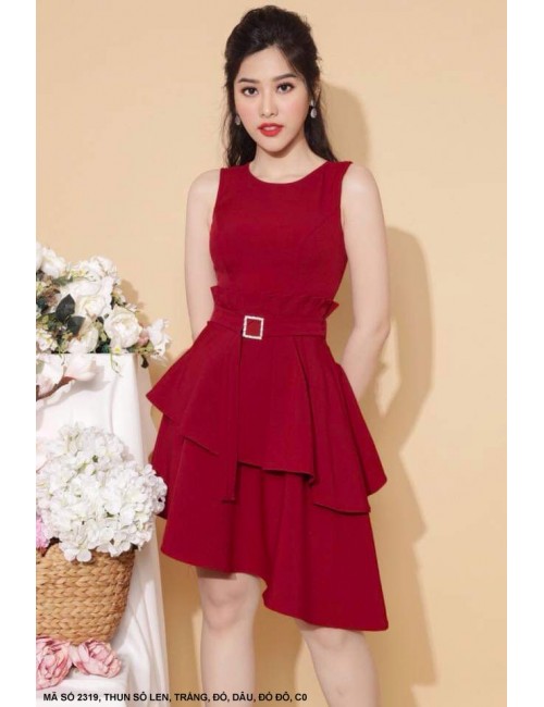 Đầm Sát Nách Dún 2 Tầng Lai Xéo Thắt Nơ Eo - 2319