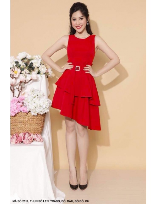 Đầm Sát Nách Dún 2 Tầng Lai Xéo Thắt Nơ Eo - 2319