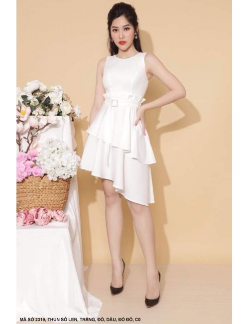 Đầm Sát Nách Dún 2 Tầng Lai Xéo Thắt Nơ Eo - 2319