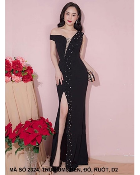 Đầm Dạ Hội Kết Cườm Cổ Khoét Sau Vai Rớt Một Bên - 2324