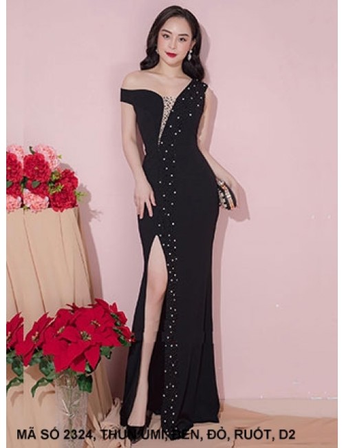 Đầm Dạ Hộ Kết Cườm Cổ Khoét Sau Vai Rớt Một Bên - 2324