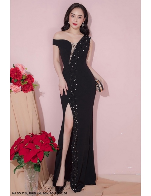 Đầm Dạ Hộ Kết Cườm Cổ Khoét Sau Vai Rớt Một Bên - 2324
