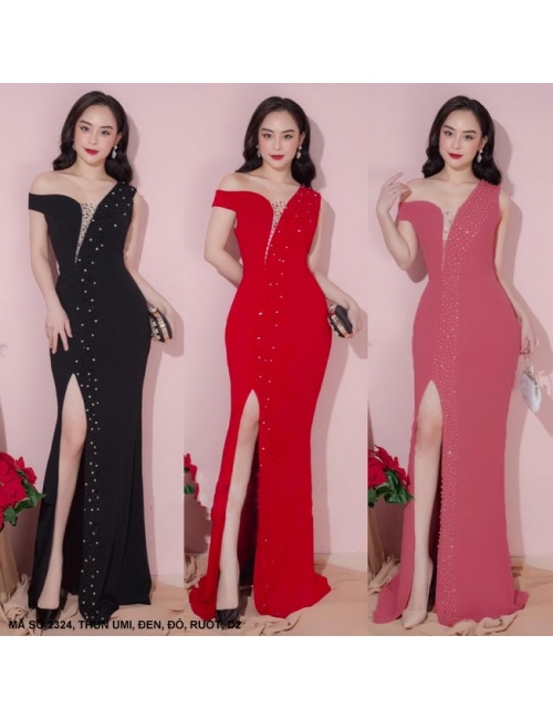 Đầm Dạ Hộ Kết Cườm Cổ Khoét Sau Vai Rớt Một Bên - 2324