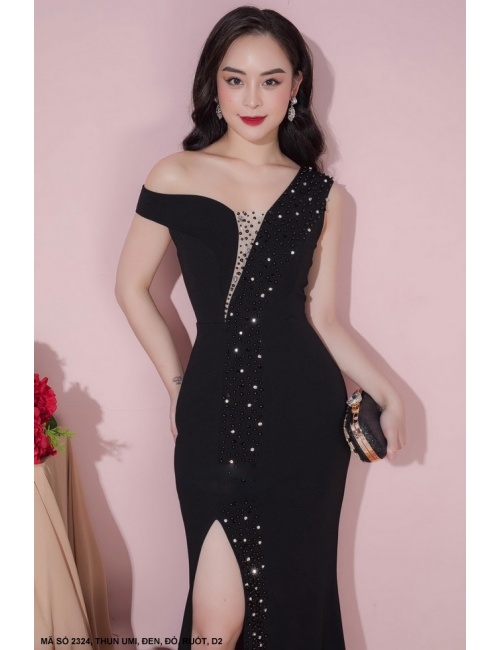 Đầm Dạ Hộ Kết Cườm Cổ Khoét Sau Vai Rớt Một Bên - 2324