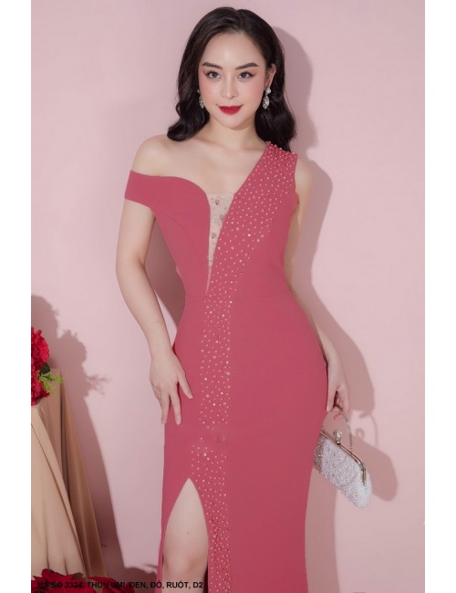Đầm Dạ Hộ Kết Cườm Cổ Khoét Sau Vai Rớt Một Bên - 2324