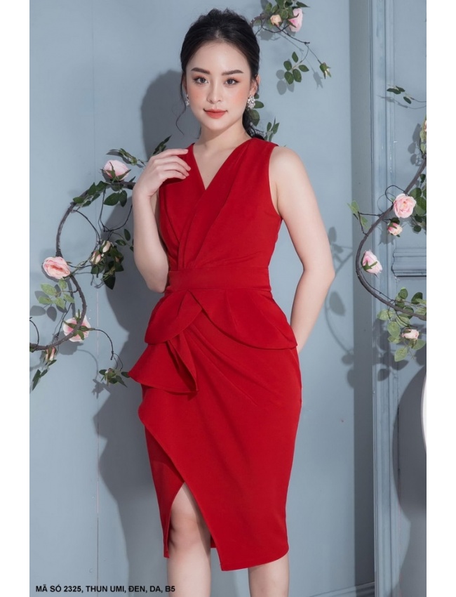 Đầm Ôm Sát Nách Cổ V Dún 1 Bên Eo - 2325
