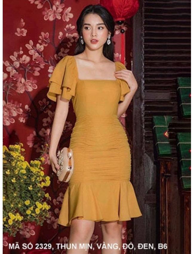 Đầm Ôm Lai Xòe Cổ Vuông Tay Dún 2 Tầng - 2329