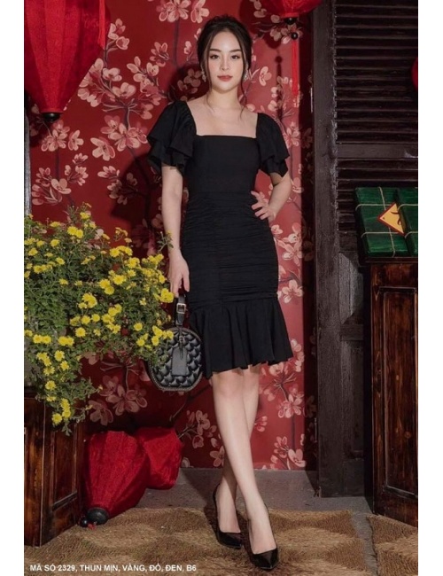 Đầm Ôm Lai Xòe Cổ Vuông Tay Dún 2 Tầng - 2329