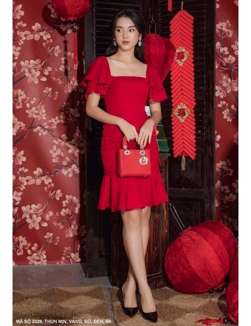 Đầm Ôm Lai Xòe Cổ Vuông Tay Dún 2 Tầng - 2329