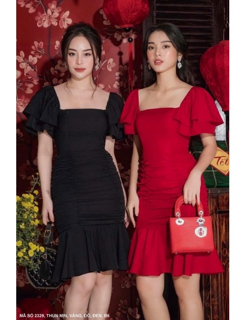 Đầm Ôm Lai Xòe Cổ Vuông Tay Dún 2 Tầng - 2329