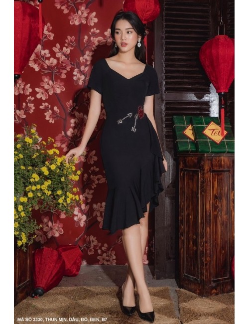 Đầm Cổ Tim Tay Ngắn Lai Xéo Dún - 2330