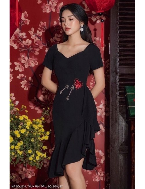 Đầm Cổ Tim Tay Ngắn Lai Xéo Dún - 2330