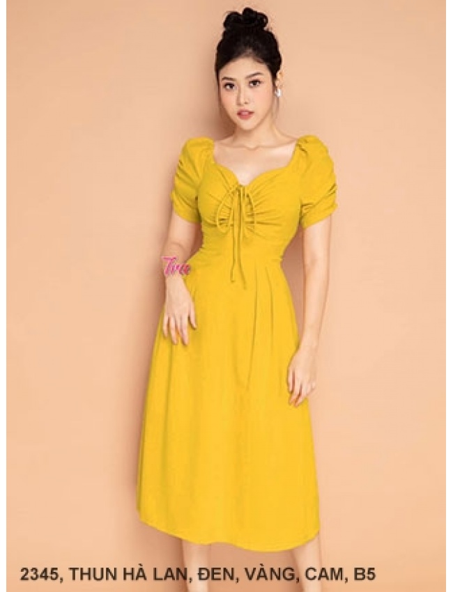  ĐẦM TAY NGẮN DÚN NGỰC DÚN THẮT NƠ CỔ - 2345