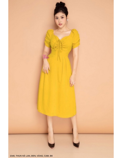 Đầm Tay Ngắn Dún Ngực Dún Thắt Nơ Cổ - 2345