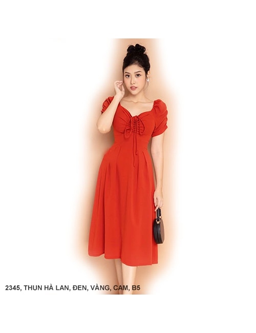 Đầm Tay Ngắn Dún Ngực Dún Thắt Nơ Cổ - 2345
