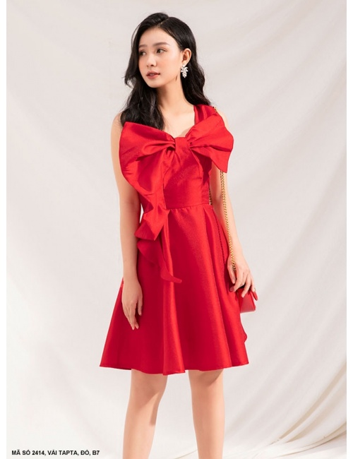 Đầm Xòe Một Vai Dún Nơ Lớn Trước Ngực - 2414