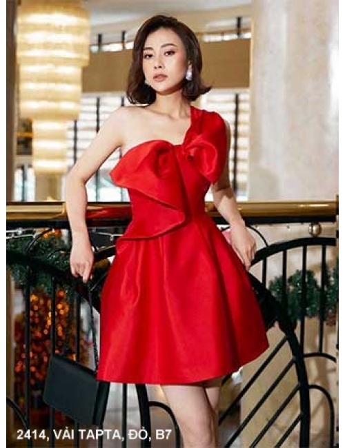 Đầm Xòe Một Vai Dún Nơ Lớn Trước Ngực - 2414